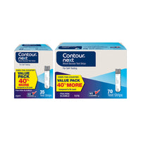 Two boxes of CONTOUR®NEXT Test Strips for blood glucose testing. One box contains 70 test strips and the other contains 35 test strips, both are labeled as value packs.