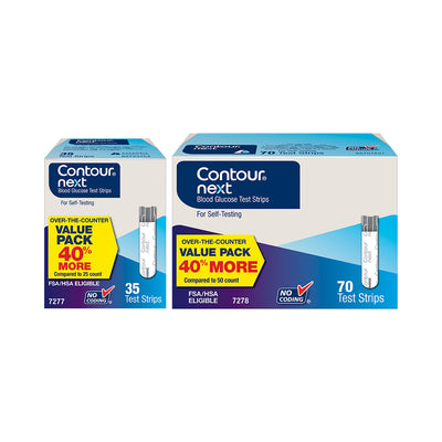 Two boxes of CONTOUR®NEXT Test Strips for blood glucose testing. One box contains 70 test strips and the other contains 35 test strips, both are labeled as value packs.