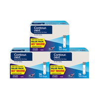 Three boxes of CONTOUR®NEXT Test Strips arranged in a stack, each box is labeled as a value pack containing 70 test strips for blood glucose testing.