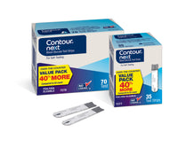 Two boxes of CONTOUR®NEXT Test Strips for blood glucose testing. One box contains 70 test strips and the other contains 35 test strips, both are labeled as value packs.