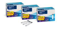 Three boxes of CONTOUR®NEXT Test Strips arranged in a cascade line, each box is labeled as a value pack containing 70 test strips for blood glucose testing with 3 strips laying in the front.