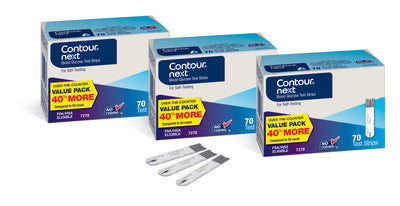Three boxes of CONTOUR®NEXT Test Strips arranged in a cascade line, each box is labeled as a value pack containing 70 test strips for blood glucose testing with 3 strips laying in the front.