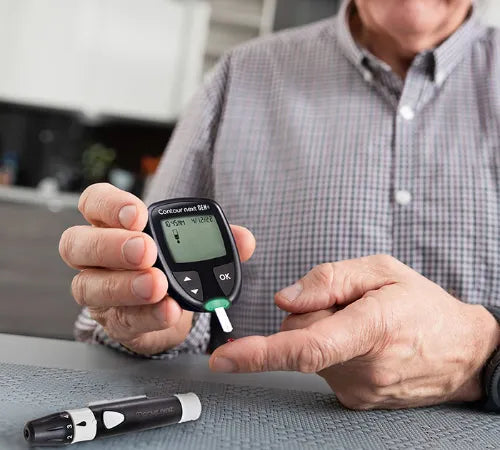 Person using a blood glucometer to check blood sugar levels